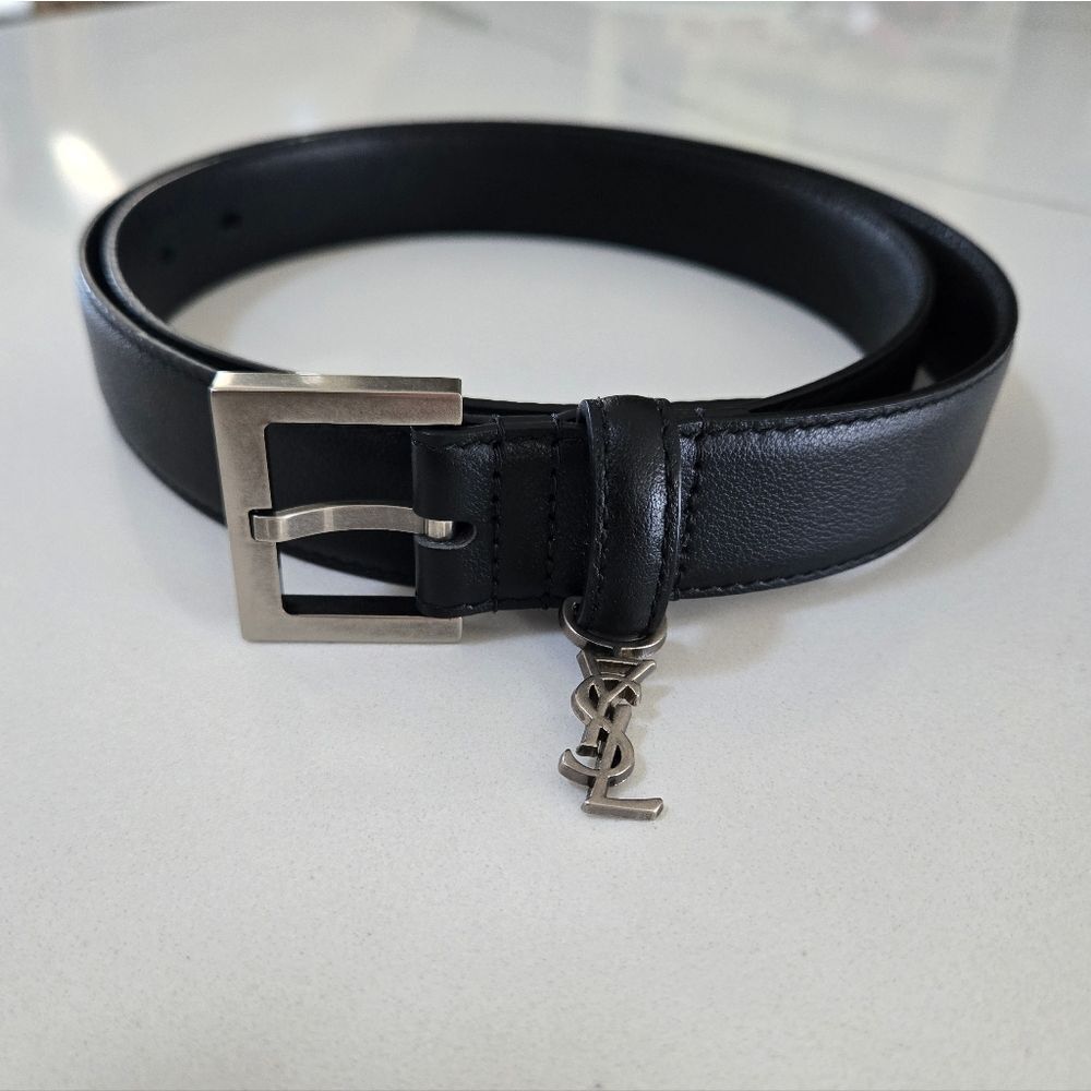 Saint Laurent YSL Black Leather Belt with Silver Buckle Size 95